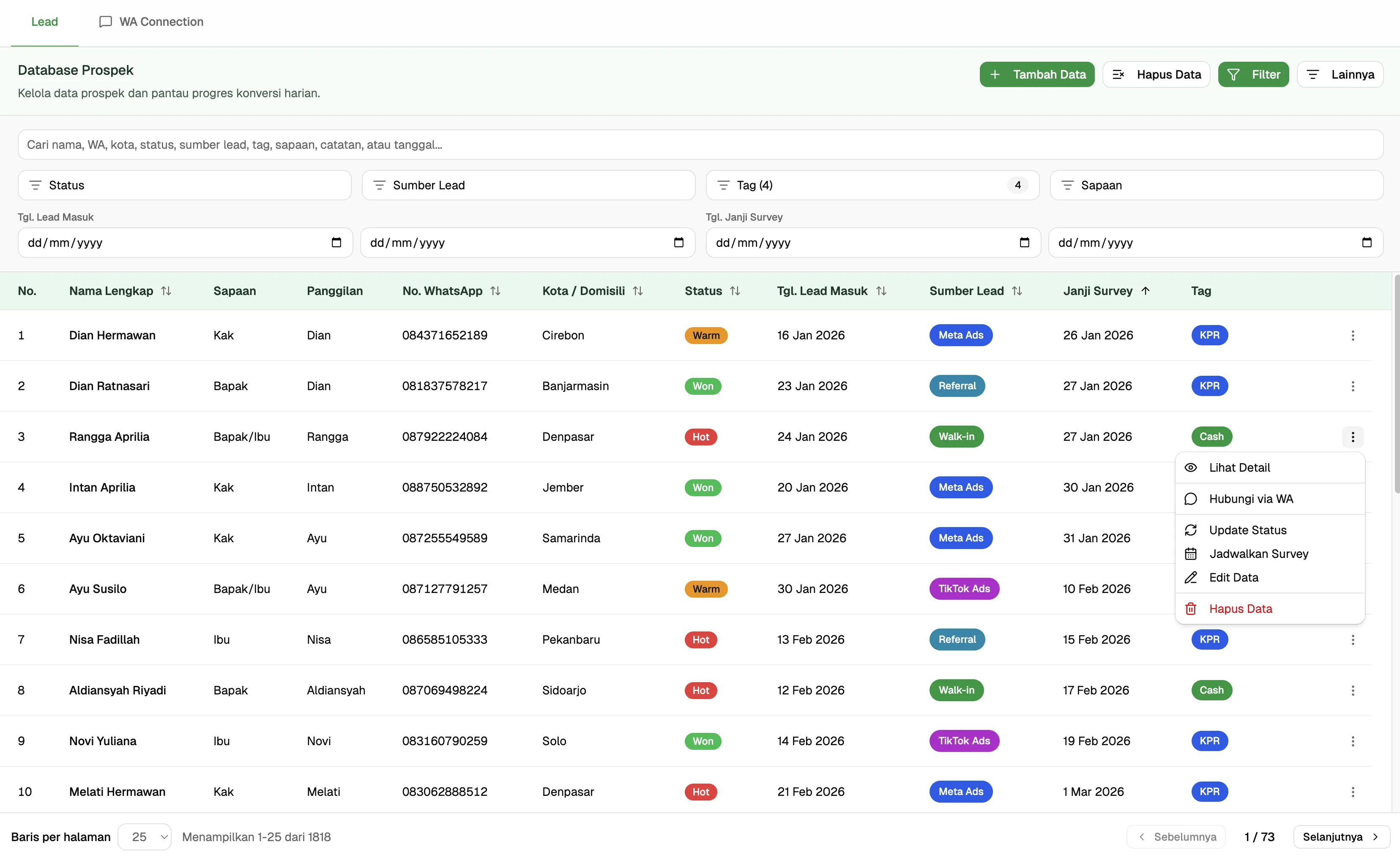 Database Prospek Sentral Dashboard