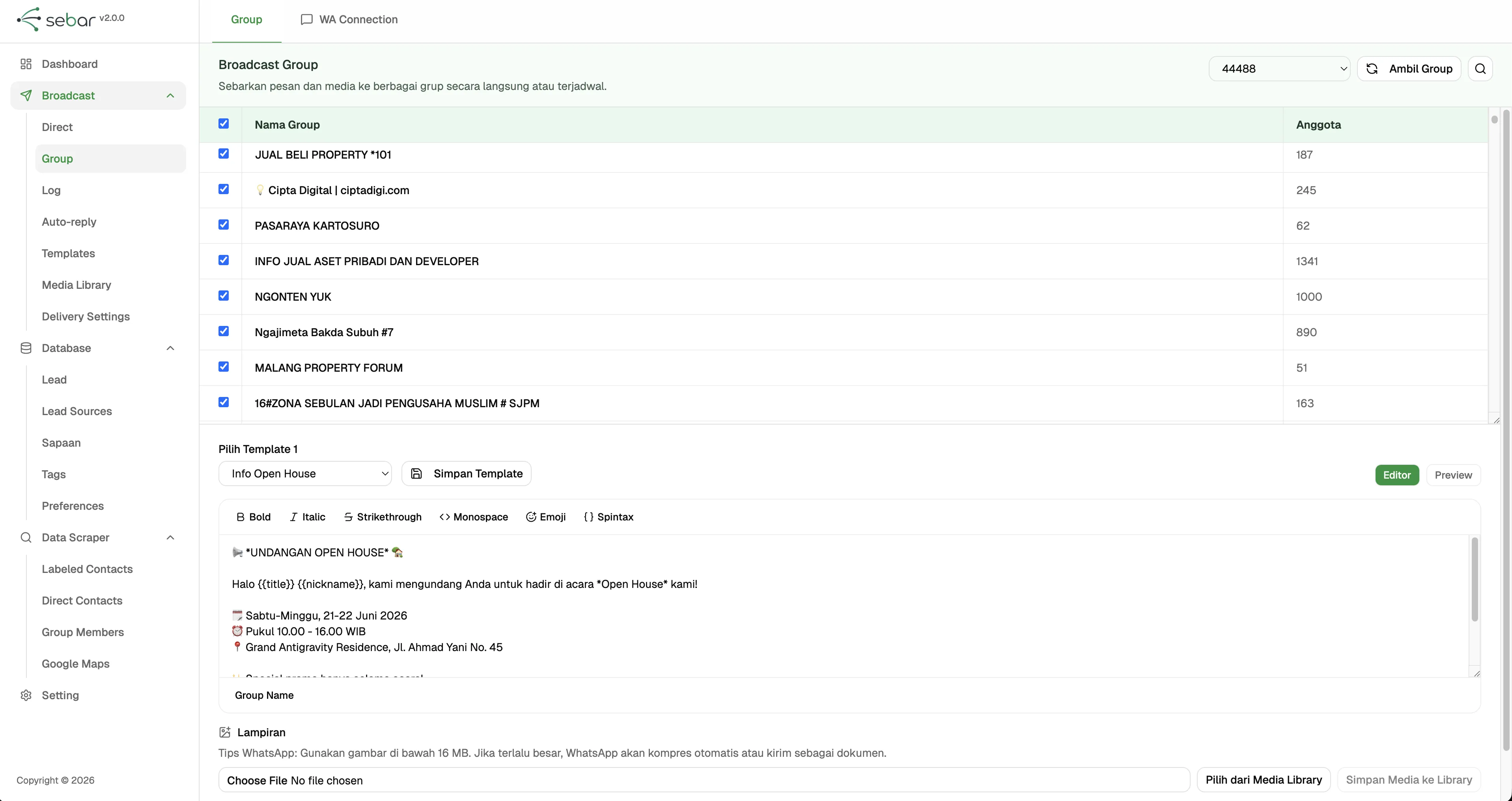 Broadcast ke Aatusan Grup Dashboard