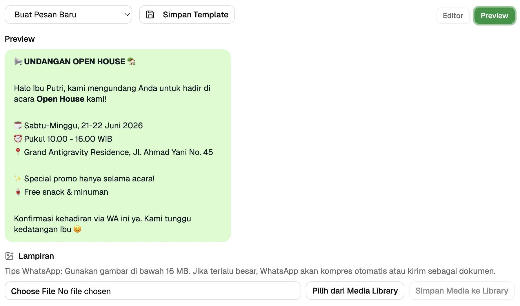 WhatsApp Live Preview Template Dashboard